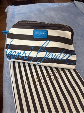 henri bendel Black and White Striped Cosmetic Bag with Blue Logo